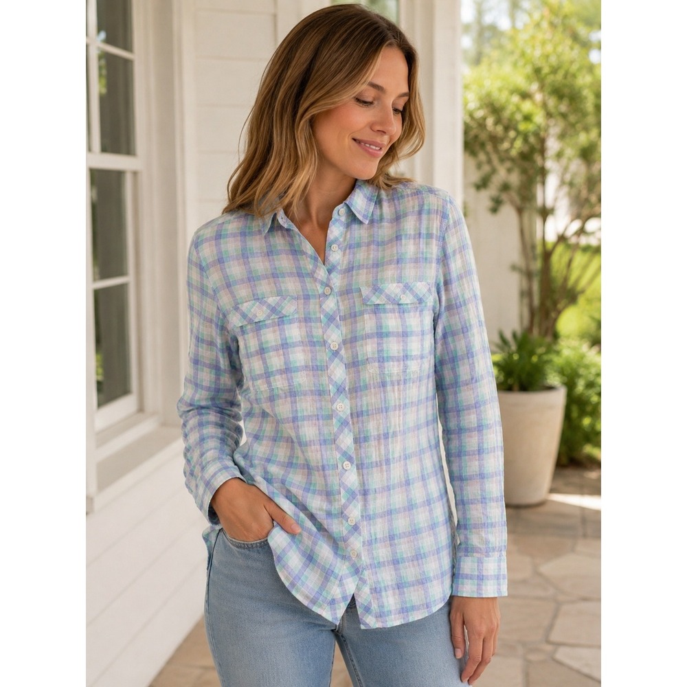 Eddie Bauer Womens Plaid Seersucker Button Down Shirt Small Blue Green